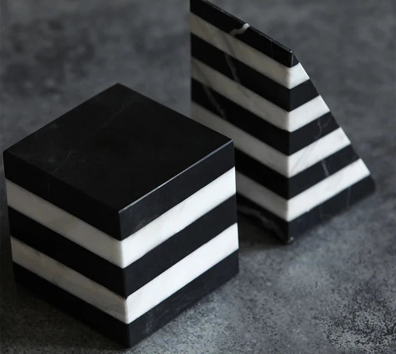 Geometric Contrast Marble Bookends