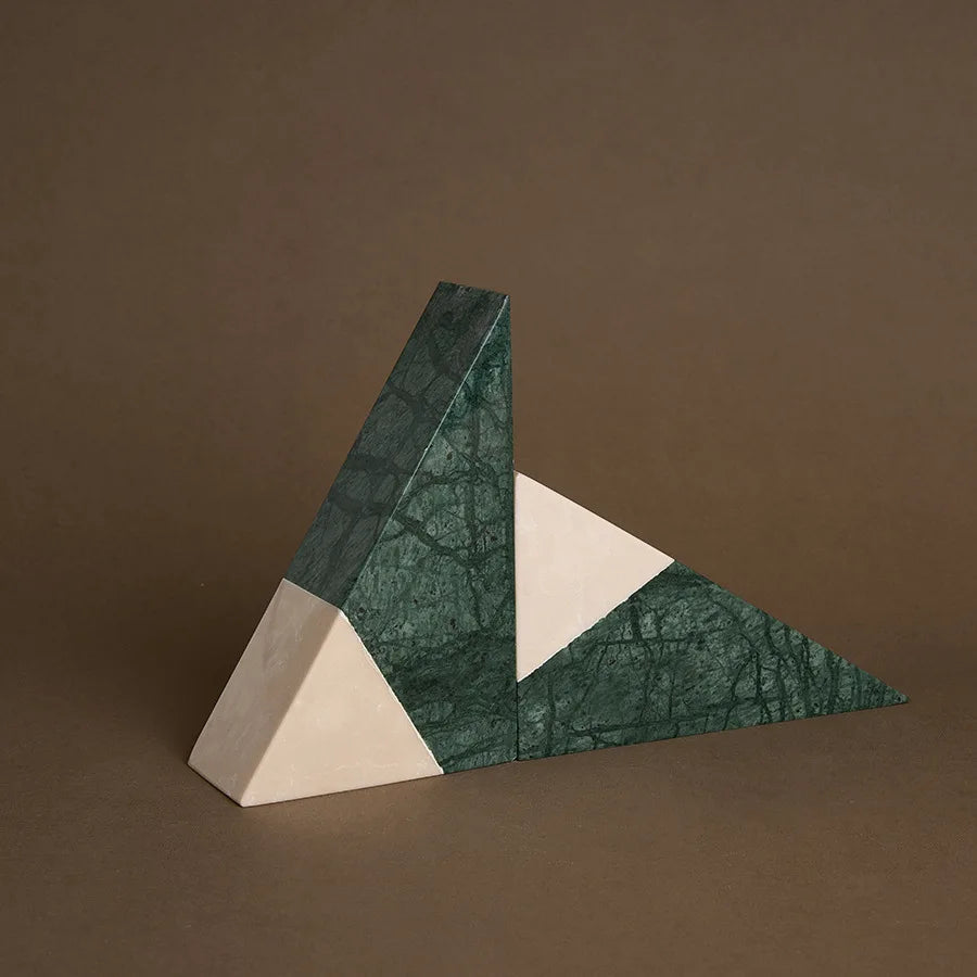 Triangular Travertine and Green Marble Bookends