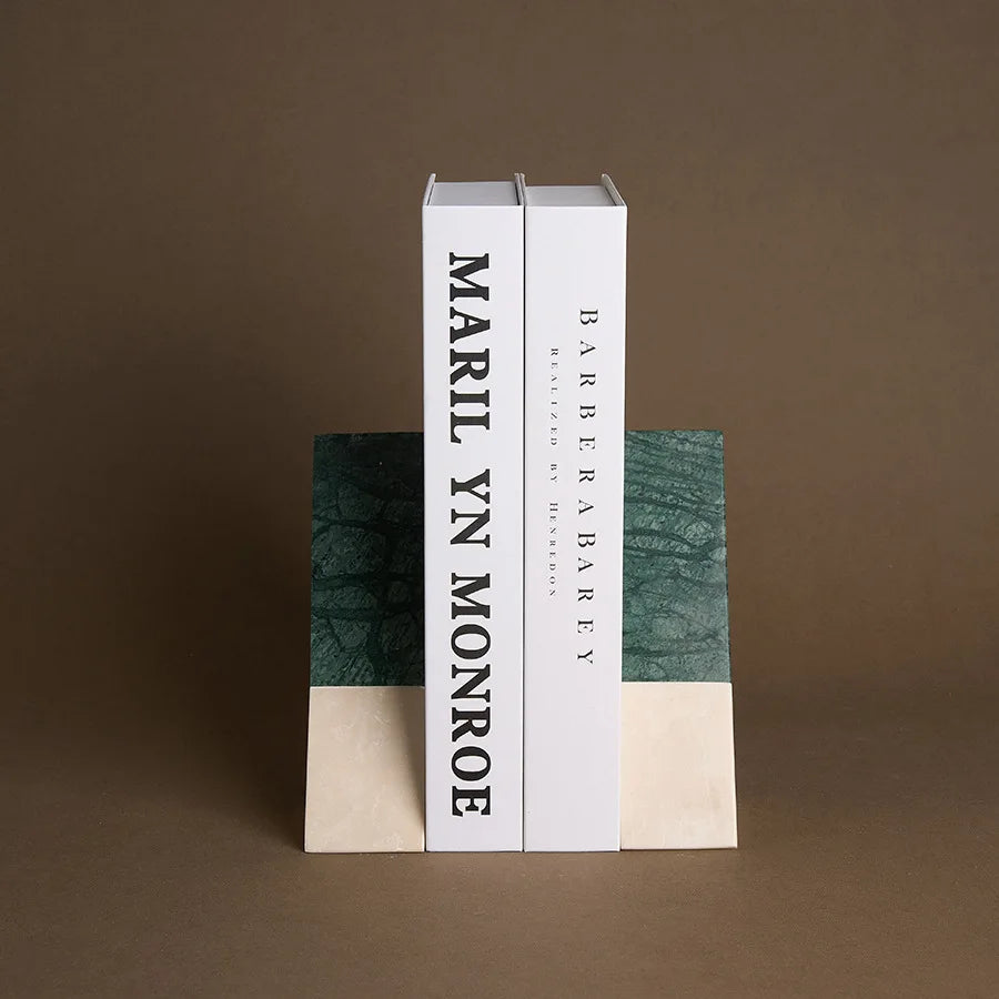 Triangular Travertine and Green Marble Bookends