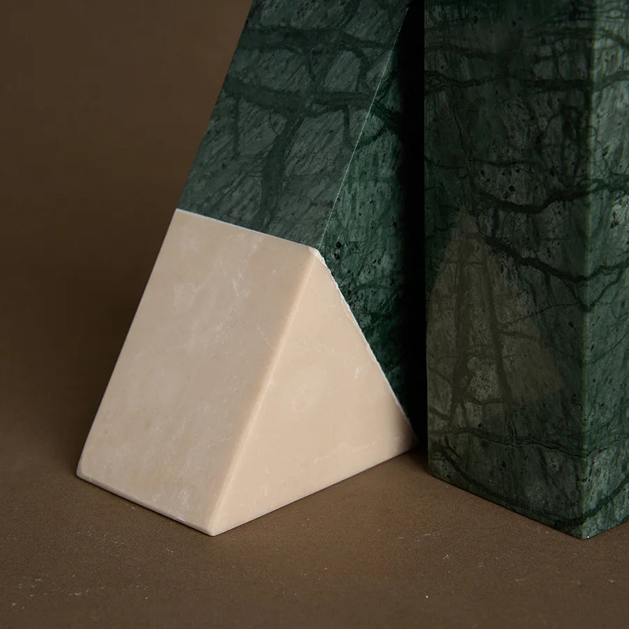 Triangular Travertine and Green Marble Bookends