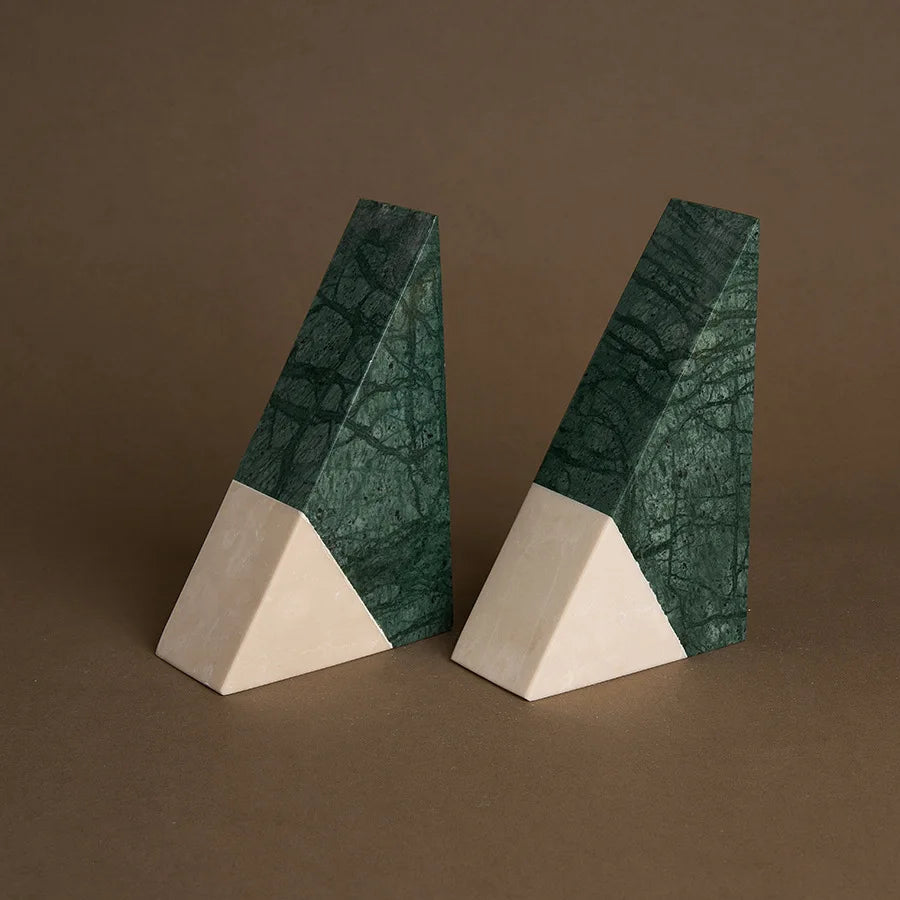 Triangular Travertine and Green Marble Bookends