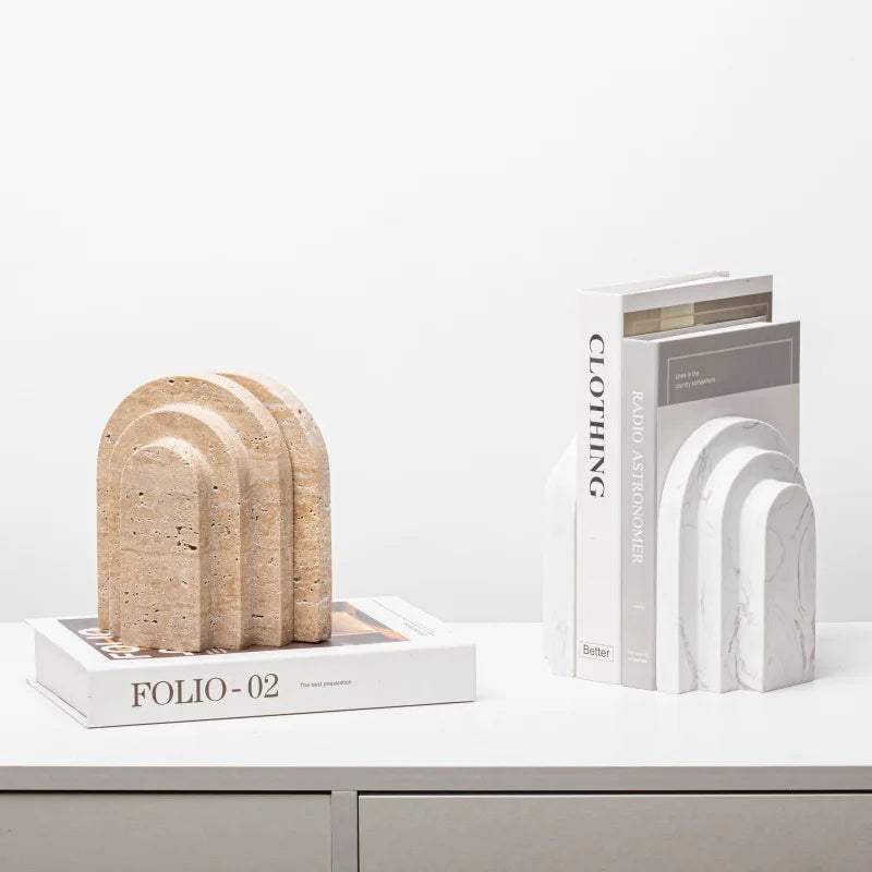 Natural Travertine and Marble Arch Bookends