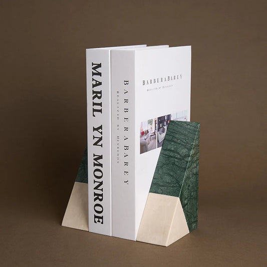 Triangular Travertine and Green Marble Bookends